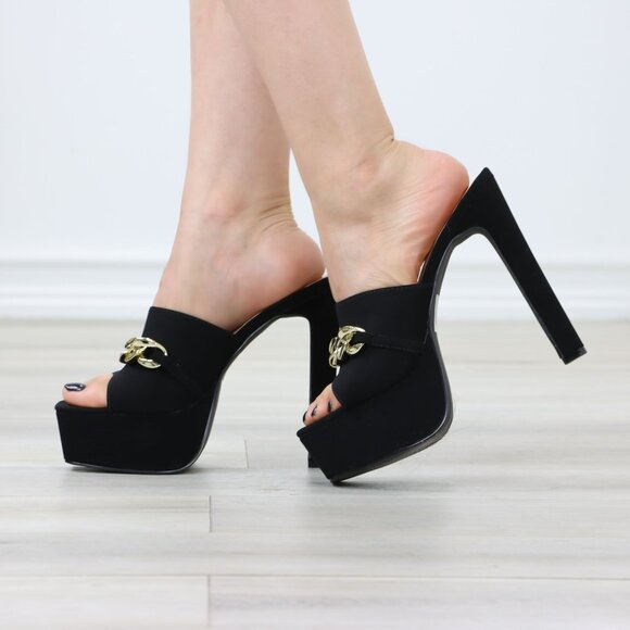 Slip On Platform High Heels Black Velvet Open Toe Sandal Mule Gold Chain Detail - Picture 11 of 12